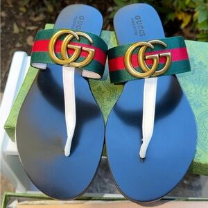 Gucci Women's Black & White Web Stripe Thong Sandals